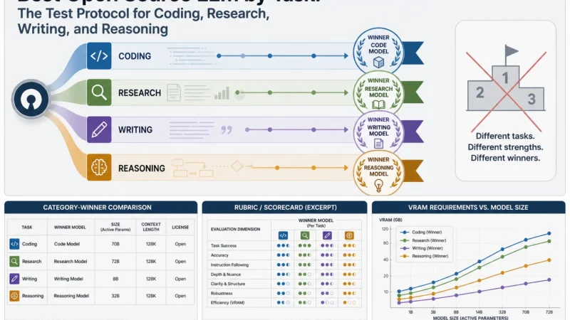 Editorial illustration for Best Open Source LLM by Task: The Test Protocol for Coding, Research, Writing, and Reasoning
