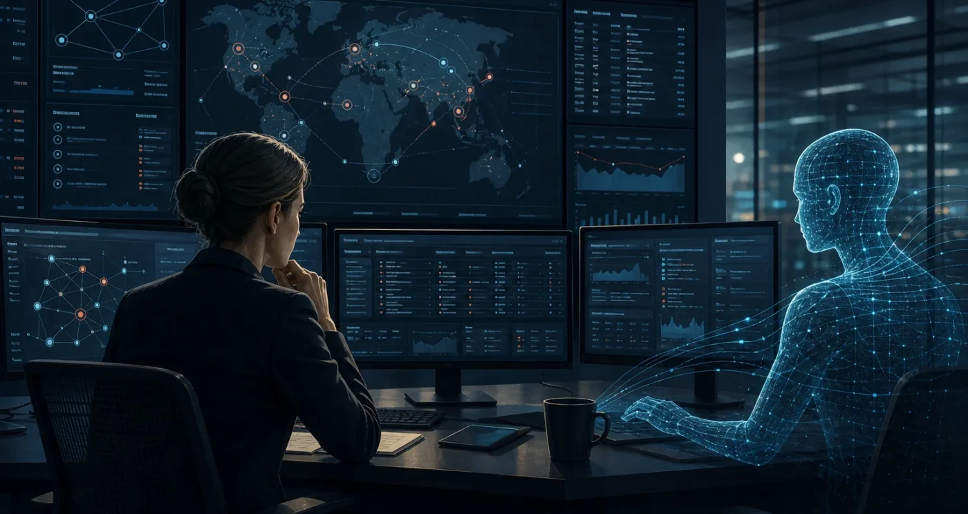 Human cybersecurity analyst and abstract AI system working in complementary roles across a modern operations environment