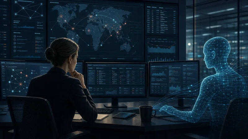 Human cybersecurity analyst and abstract AI system working in complementary roles across a modern operations environment