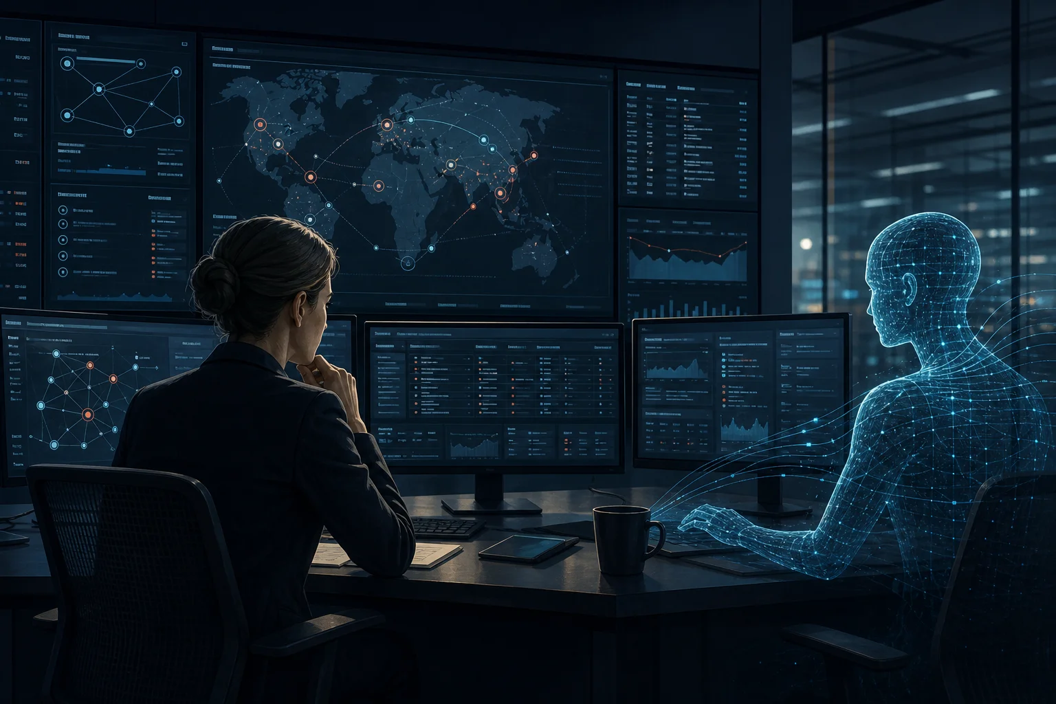Human cybersecurity analyst and abstract AI system working in complementary roles across a modern operations environment