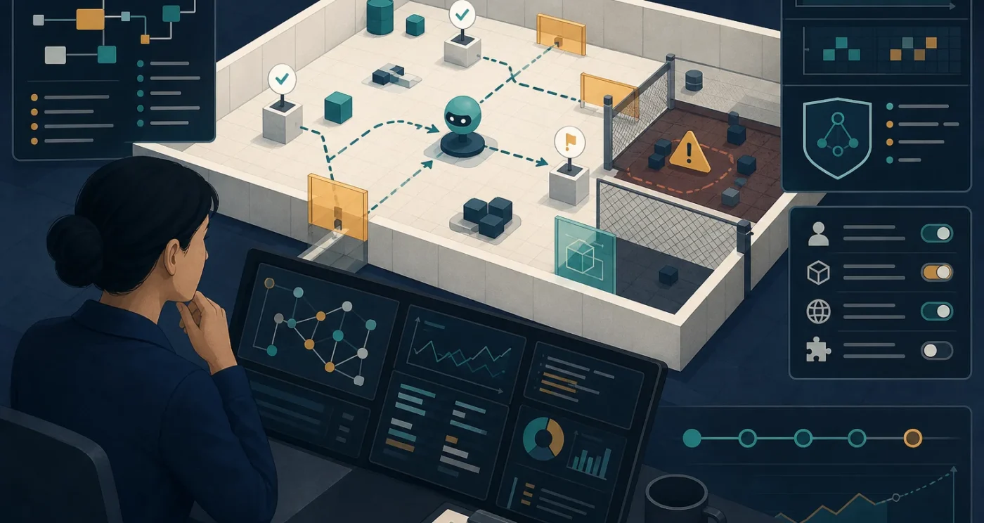 Human operator monitoring an open-source AI agent inside a controlled testing environment with visible checkpoints and permission boundaries