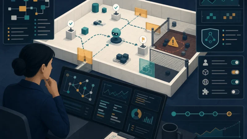 Human operator monitoring an open-source AI agent inside a controlled testing environment with visible checkpoints and permission boundaries