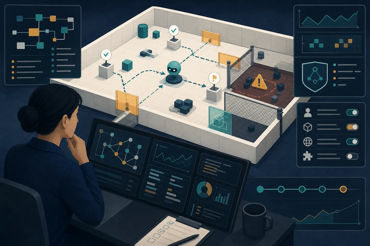 Human operator monitoring an open-source AI agent inside a controlled testing environment with visible checkpoints and permission boundaries