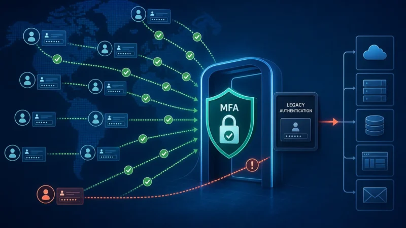 Editorial illustration for Huntress Password-Spraying Claim Puts MFA Coverage in Focus